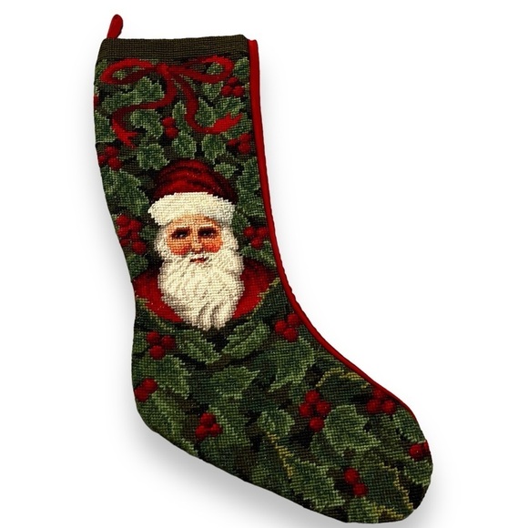 Vintage Needlepoint Christmas Stocking Santa Face Holly Red Velvet Back Decor - Picture 1 of 9